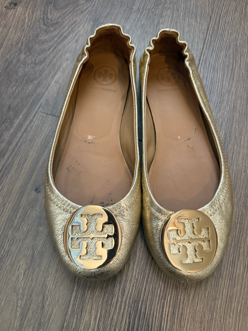 Tory Burch Reva Gold Leather Logo Ballet Flats